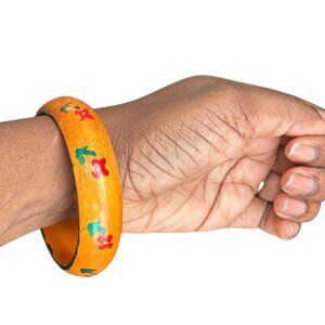Vintage Hand Painted Wooden Bangle Bracelet, Folk Art Floral Wood Bracelet, Boho
